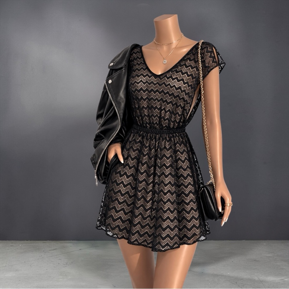 Black Chevron Lace Fit-and-Flare Dress